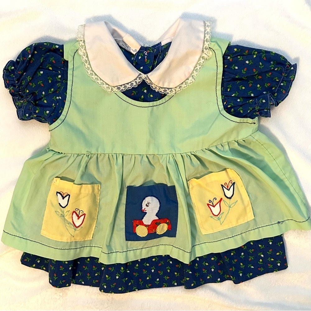 Vintage Baby Girls Apron Dress 12M Blue Green Pockets Embroidered Bird Flower